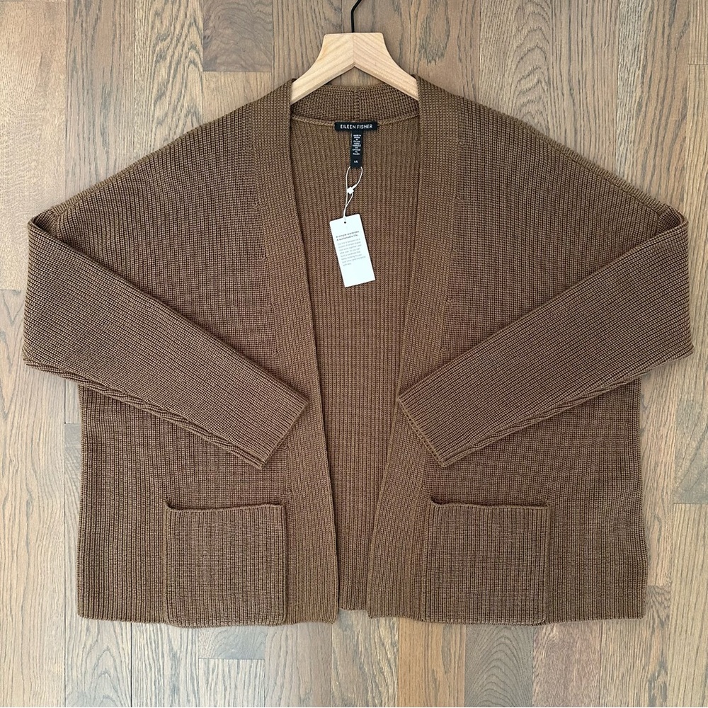 NWT Eileen Fisher Merino Wool Boxy Cardigan with Pockets in Hazel Brown Large